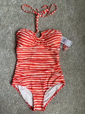 Michael Kors Women's Keyhole One-Piece Swimsuit, Orange/Red Stripe, size 6 NWT